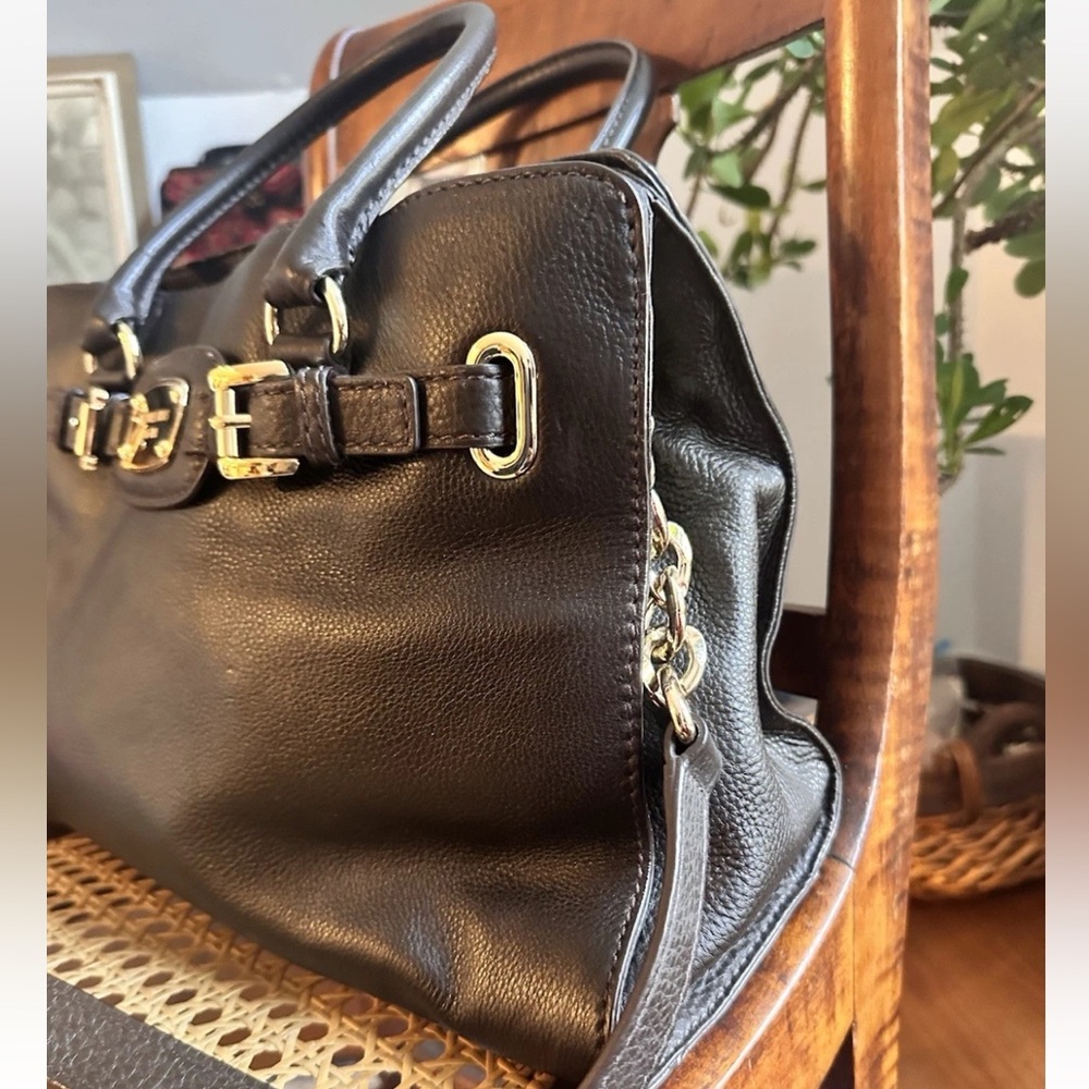 Michael Kors Hamilton Satchel Tote Bag Dark Brown Pebbled Leather Top Handle - Picture 3 of 11